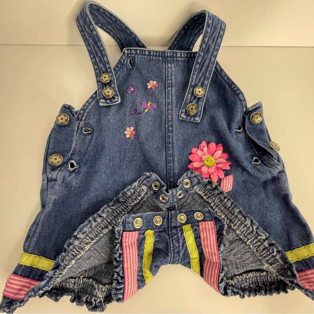 Y2K Denim Embroidered Flower Butterfly Shortall Romper Toffee Apple 12 M - Picture 11 of 14